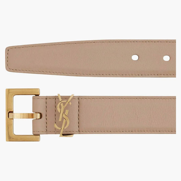 Svatý Laurent Cassandre Belt s čtvercovou sponou v lesklé krabici Saint Laurent Leather Dark Beige
