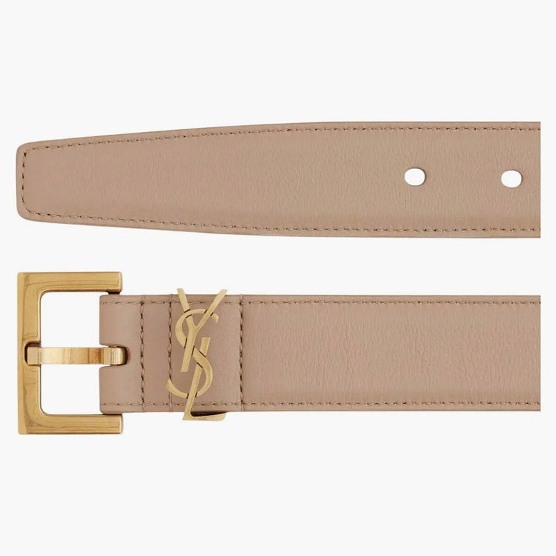 Saint Laurent Cassandre bälte med fyrkantigt spänne i Shiny Box Saint Laurent läder mörk beige