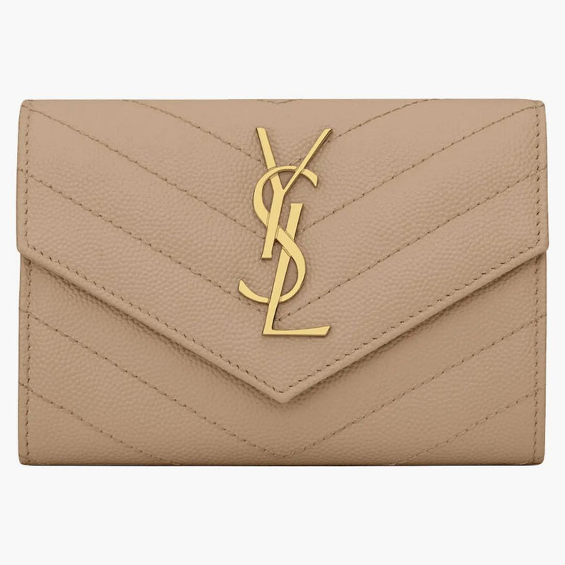 Saint Laurent Cassandre Grain de Poudre kuvert plånbok liten mörk beige