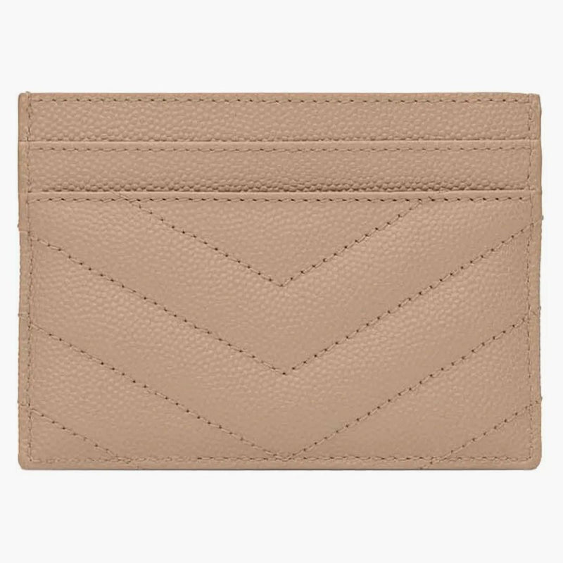 Saint Laurent Cassandre Matelasse Card Case In Grain De Poudre Embossed Leather Dark Beige