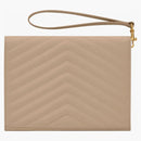 Saint Laurent Cassandre Matelasse Flap Pouch in Quilted Embossed Leather Dark Beige