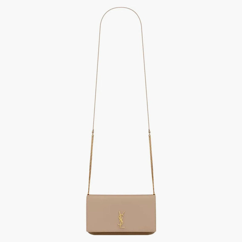 Saint Laurent Cassandre telefonhållare med rem i slät läder mörk beige