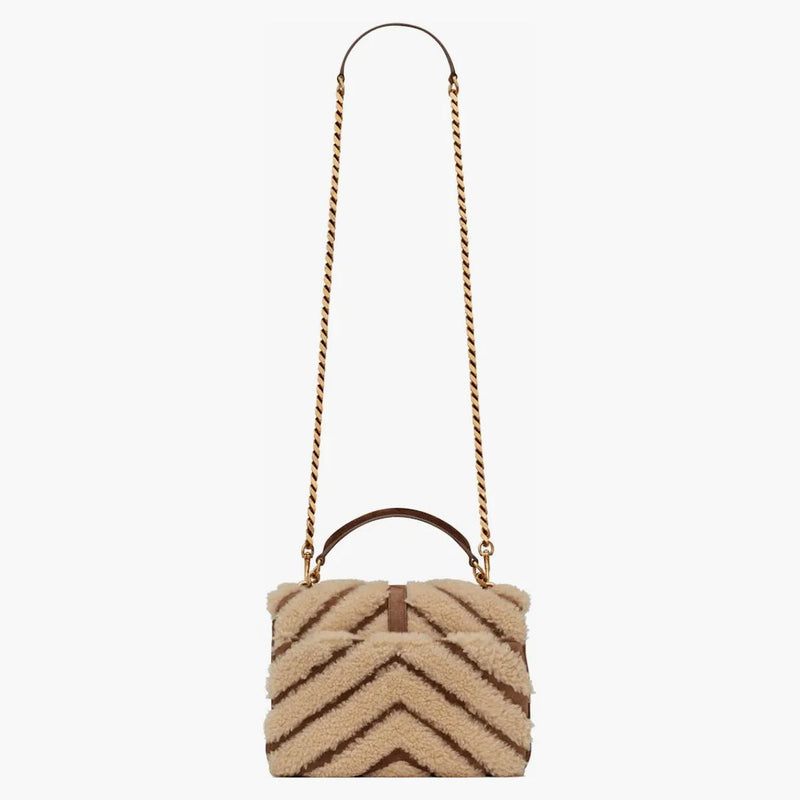 Saint Laurent College Chain Bag In Suede And Shearling Medium Natural Beige/dark Cigar