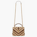 Saint Laurent College Chain Bag in Suede and Shearling Medium Natural Beige/Dark Cigar