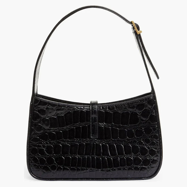 Saint Laurent Le 5 A 7 Croc Relissed Leather Hobo Black