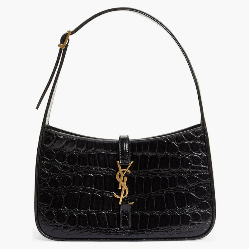 Saint Laurent Le 5 A 7 Croc Relissed Leather Hobo Black