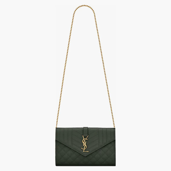 Saint Laurent Monogram Chain Wallet Grain De Poudre Dark Green