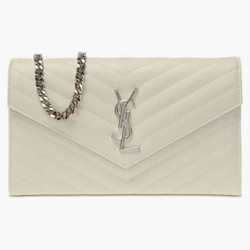 Svatý Laurent Monogram Chain Peněženka Matelasse Grain de Poudre Blanc Vintage