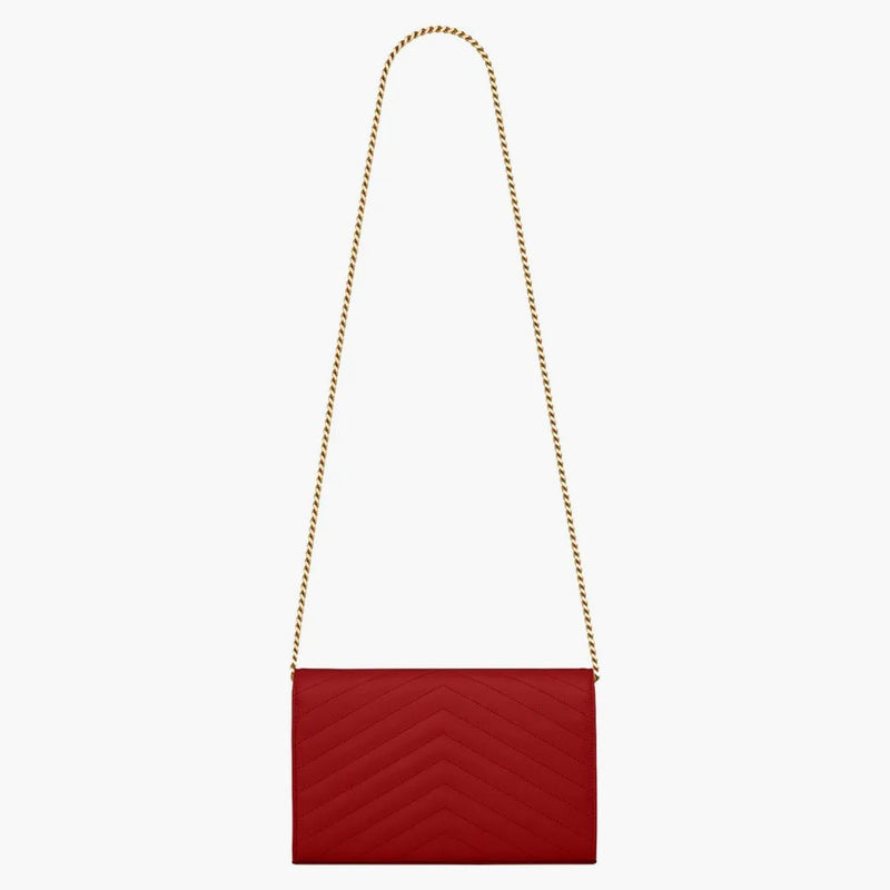 Saint Laurent Monogram Chain Wallet Matelasse Grain De Poudre Gold-tone Eros Red