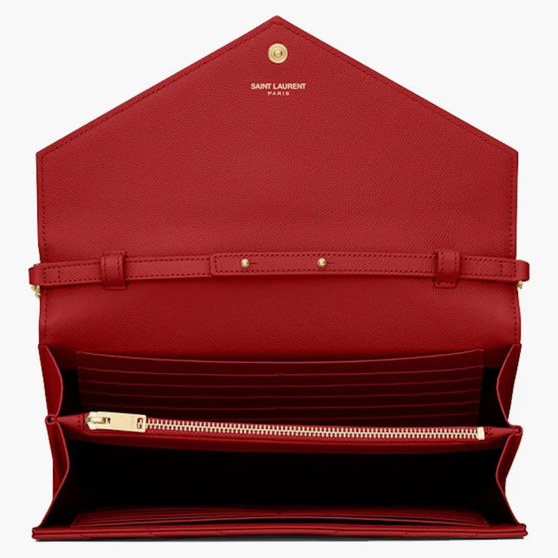 Saint Laurent Monogram Chain Wallet Matelasse Grain De Poudre Gold-tone Eros Red