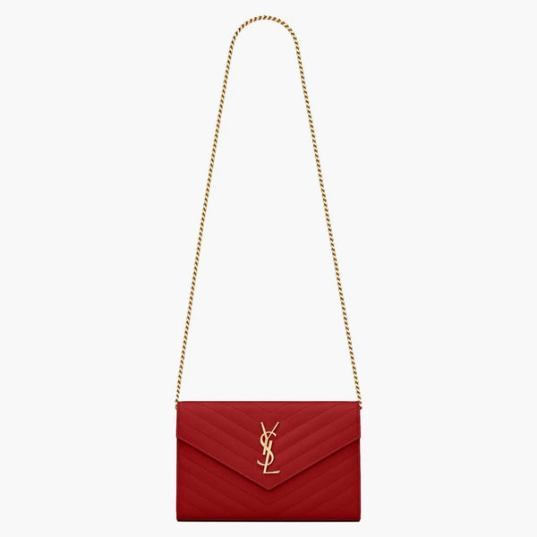 Saint Laurent Monogram Chain Wallet Matelasse Grain De Poudre Gold-tone Eros Red
