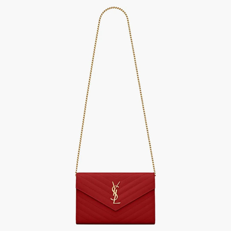 Saint Laurent Monogram Chain Wallet Matelasse Grain De Poudre Gold-tone Eros Red