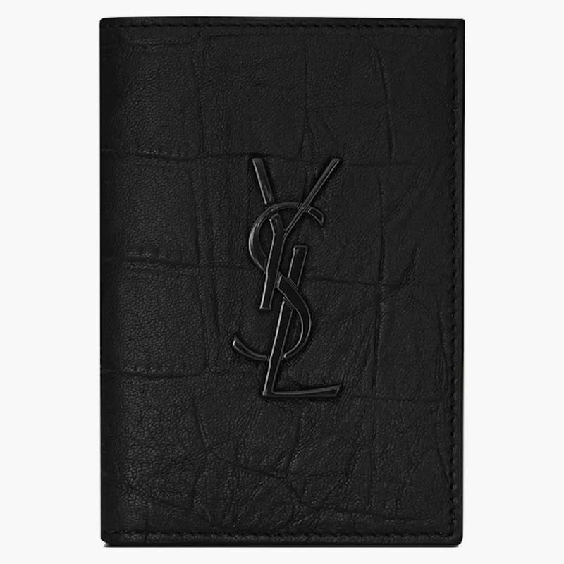 Saint Laurent Monogram Credit Card Wallet Crocodile Embossed Leather Black
