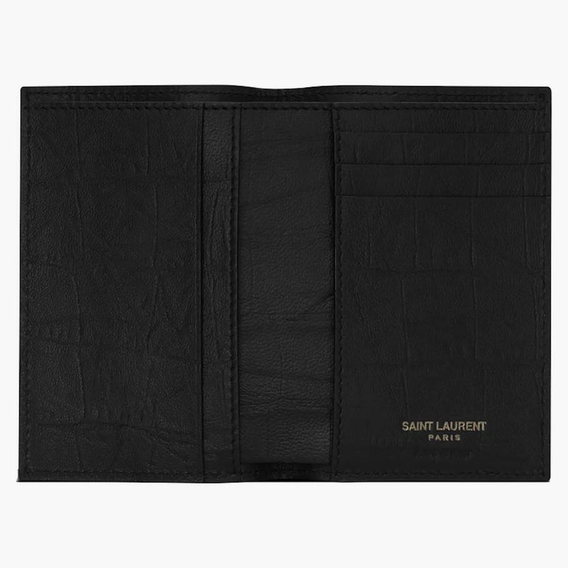 Saint Laurent Monogram Credit Card Wallet Crocodile Embossed Leather Black
