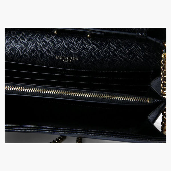 Saint Laurent Monogram Chain Wallet Matelasse Grain de Poudre Gold-Tone Black