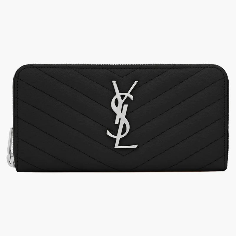 Saint Laurent Monogram Zip Around Wallet Matelasse Grain De Poudre Black