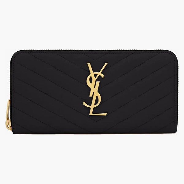 Saint Laurent Zip Around Wallet Large Monogram Grain de Poudre Black