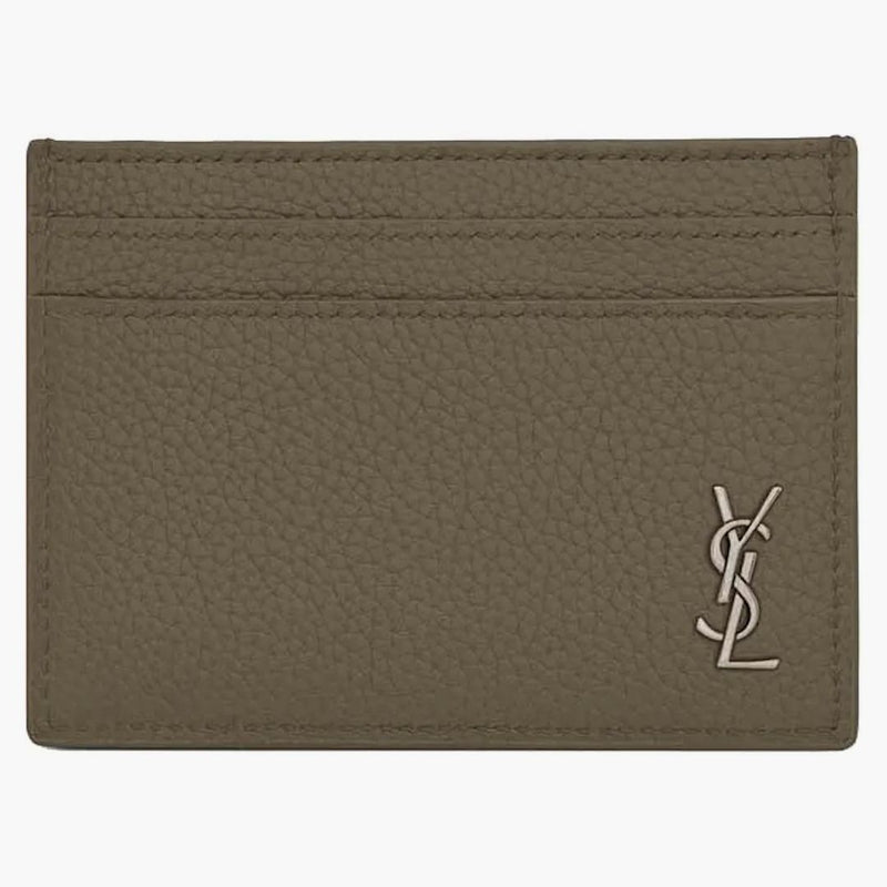 Saint Laurent Tiny Cassandre Card Case in cuoio a grana Kaki scuro