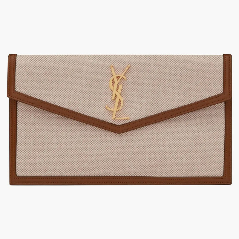 Saint Laurent Uptown Pouch in Canvas and Smooth Leather Natural Beige