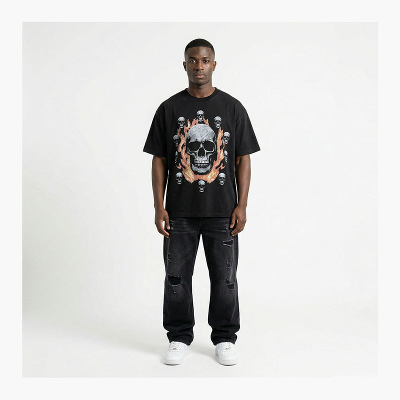 Warman Fire Circle Skulls Graphic T-Shirt Black