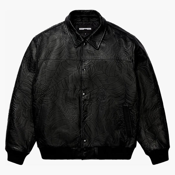 Sp5der Debossed Web Leather Jacket Black