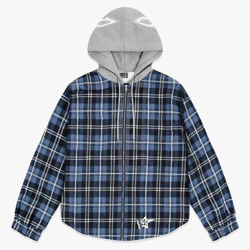 Sp5der Hooded Zip Flannel Shirt Jacket Blue Plaid