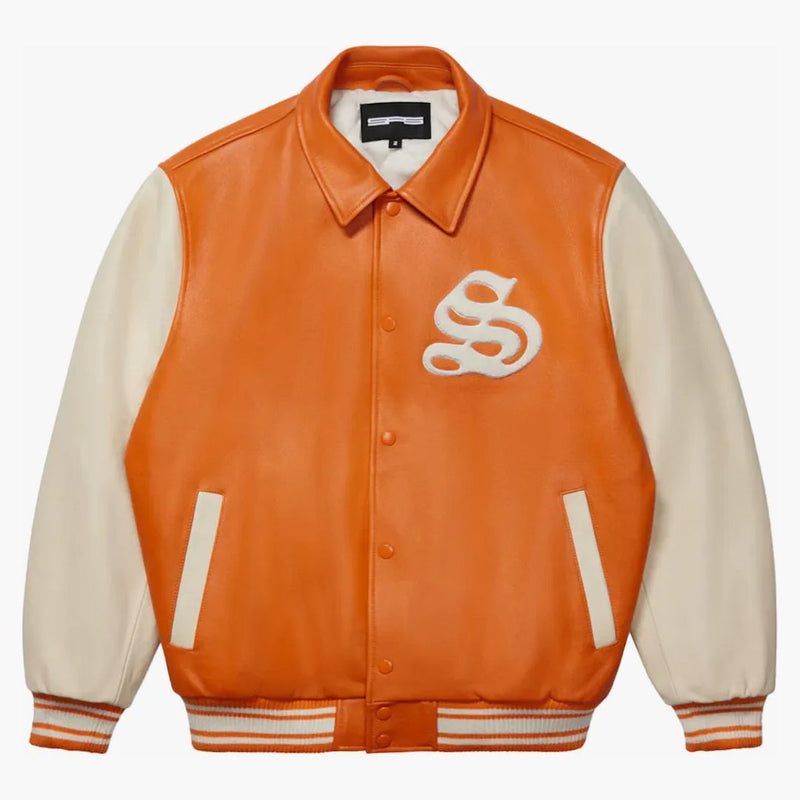 Sp5der Leather Varsity Jacket Orange
