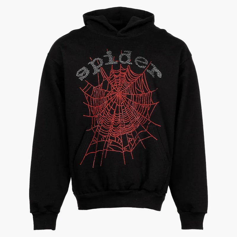 Sp5der Og Rhinestone Logo Hoodie Black