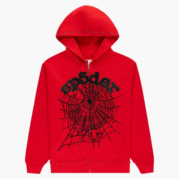 Sp5der Og Web Studded Zip Hoodie Red