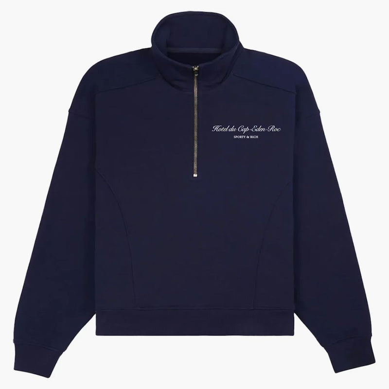 Sporty & Rich Hotel Du Cap Cursive Quarter Zip Navy/white