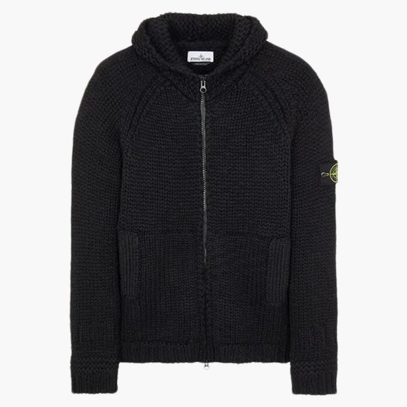 Stone Island 544D4 ručně vyráběný pociťovaný pletený svetr s kapucí černou