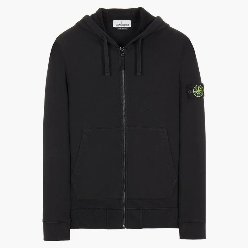 Stone Island 64220 Kartáčová bavlněná fleece zip na mikinu s kapucí černou