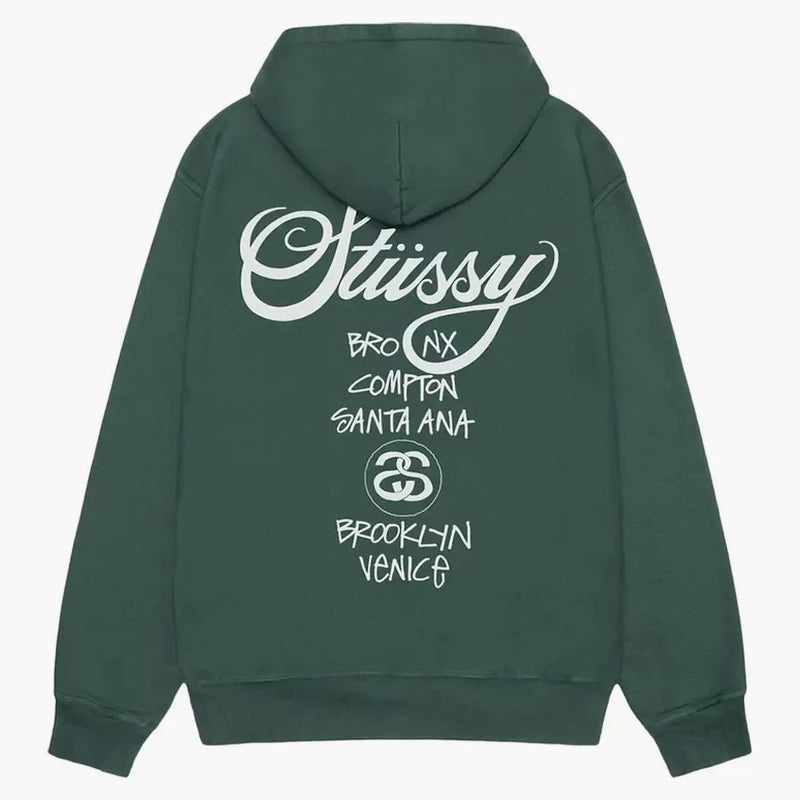 Stussy World Tour Pigment obarvená mikina lesa