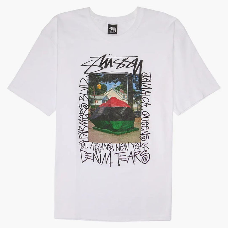Stussy x lacrime in denim agricoltori blvd tee bianco