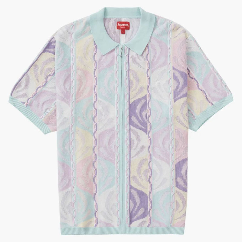 Supreme Abstract Textured Zip Up Polo Pale Blue