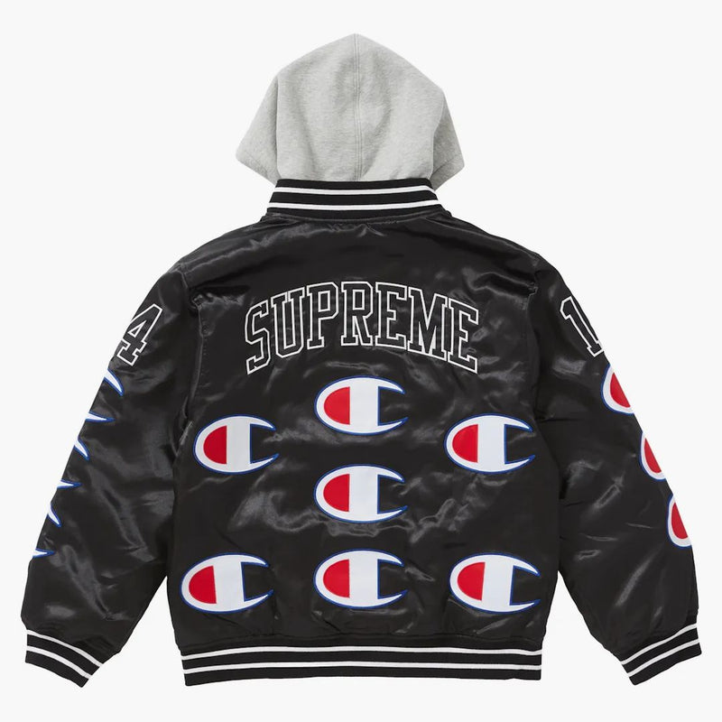 Campione supremo Cappuccetta giacca varsity di raso nero