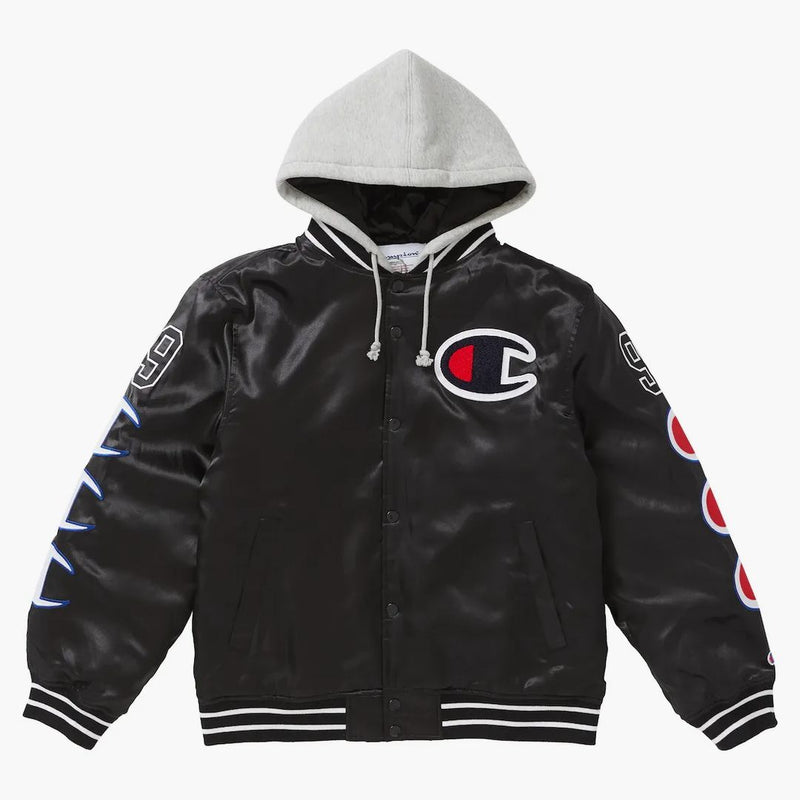 Campione supremo Cappuccetta giacca varsity di raso nero