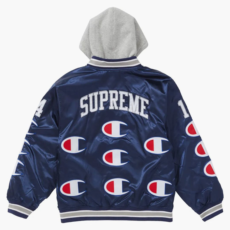 Campione supremo Cappuccetto di raso varsity giacca blu