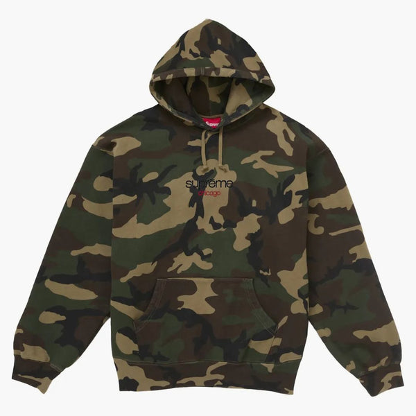 Supreme Classic Logo Chicago Shop Hooded Sweatshirt Woodland Camo