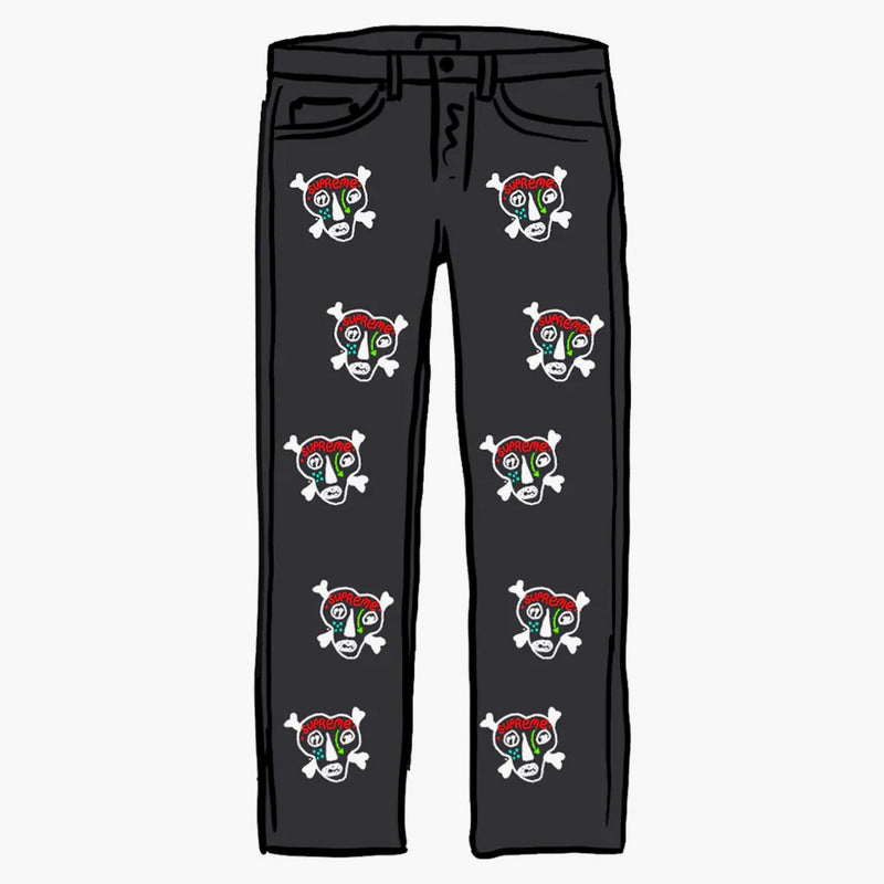 Skulls di Clayton Patterson supremo ricamato Jean Black