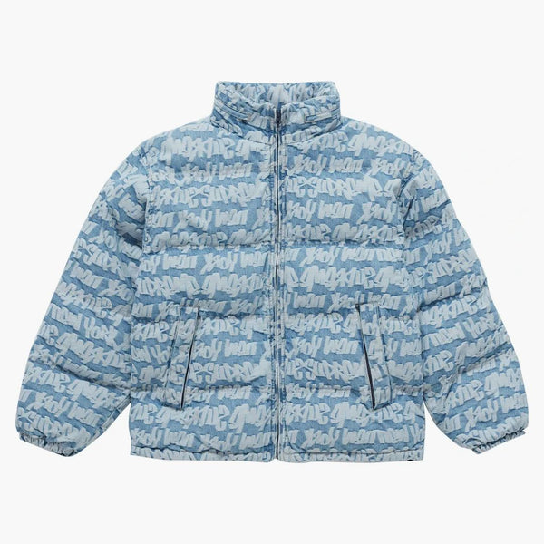 Supreme Fat Tip Jacquard Denim Puffer Jacket Blue