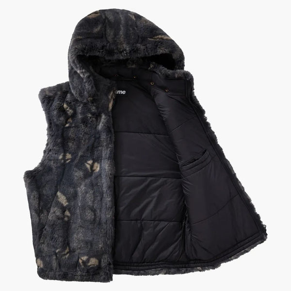 Högsta faux för hooded väst svart