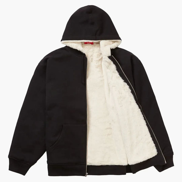 Nejvyšší faux pro lemované zip Up Hooded Mikina černá