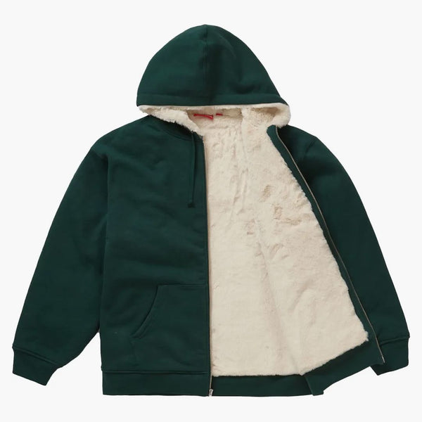 Högsta faux för fodrad zip upp huva tröja mörkgrön