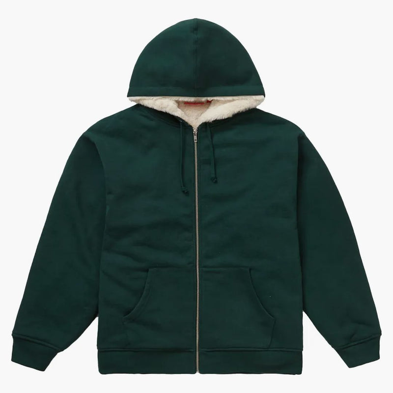 Högsta faux för fodrad zip upp huva tröja mörkgrön