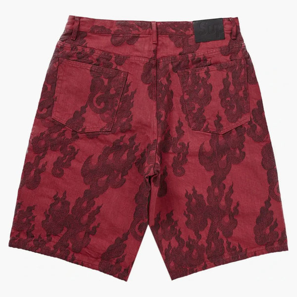 Supreme Flames Jacquard Baggy Denim Short Washed Red