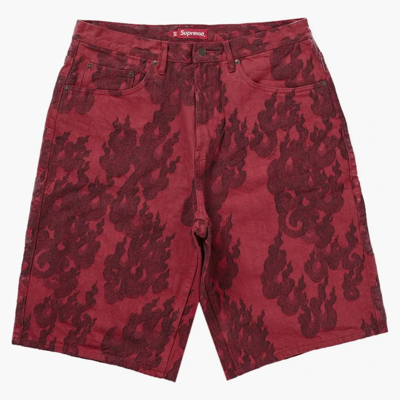 Supreme Flames Jacquard Baggy Denim Short Washed Red