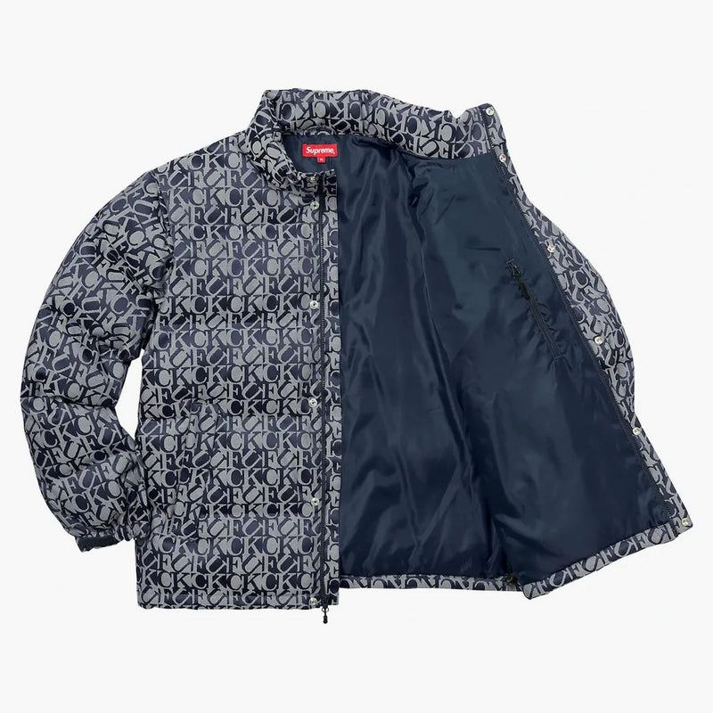 Supreme fuck jacquard puffy jacket navy