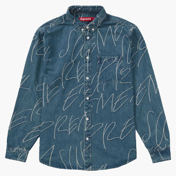 Supreme Handwriting Jacquard Denim Shirt Washed Indigo