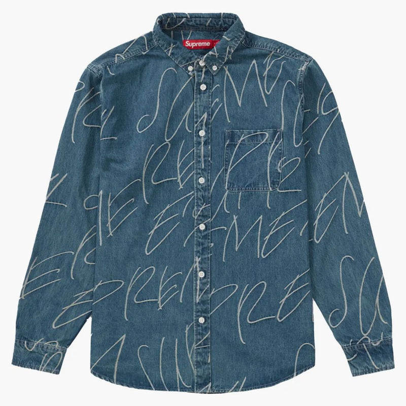 Supreme Handwriting Jacquard Denim Shirt Washed Indigo